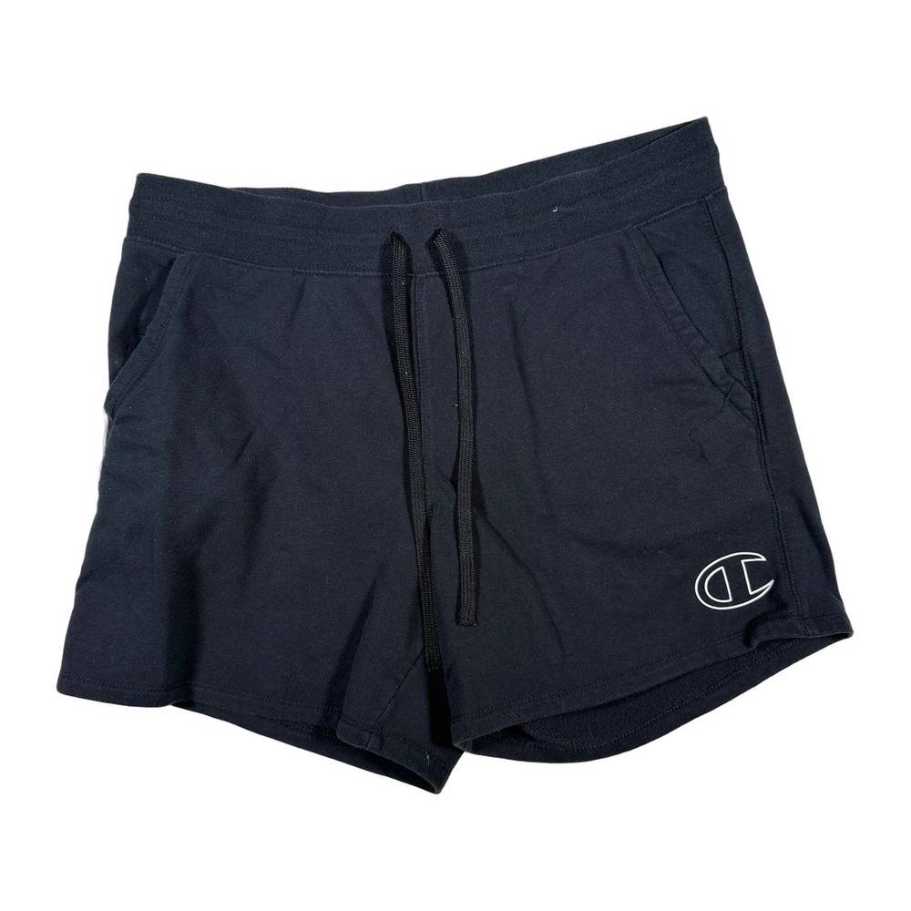 Champion Black Athletic Shorts Logo Print Drawstring Waist Women's LG
